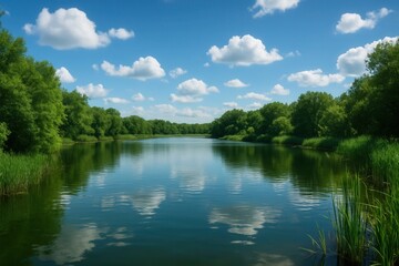 Fototapeta premium A Serene Lake Under a Clear Blue Sky with Fluffy White Clouds