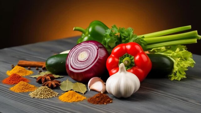 Fresh Vegetables and Spices on Rustic Wood - A vibrant assortment of fresh vegetables, including bell peppers, red onion, zucchini, and garlic, are artfully arranged alongside various spices on a