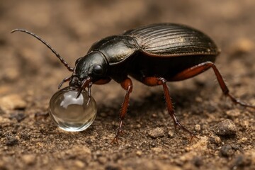 A beetle engages with a transparent water droplet on a textured surface