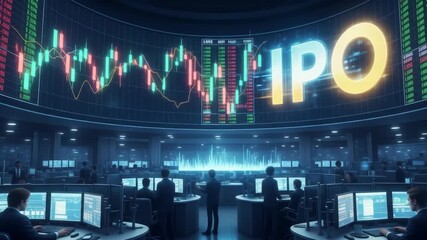 IPO Launch in a Modern Trading Room - A large curved screen displays "IPO" in glowing yellow letters, accompanied by dynamic stock market charts and data, while traders work diligently at their - Powered by Adobe