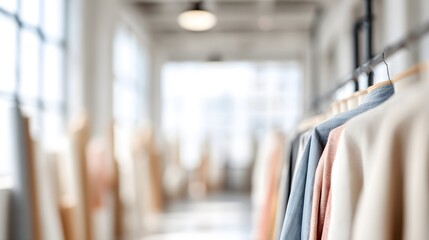 blurred image of a fashion designer’s loft during summer afternoon, light bouncing off fabric rolls and mannequins, atmosphere of creation. Style in motion