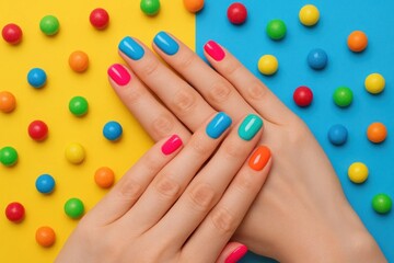 vibrant nail art meets a candy-themed backdrop
