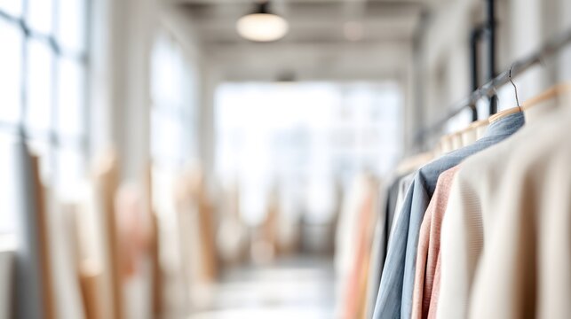 blurred image of a fashion designer’s loft during summer afternoon, light bouncing off fabric rolls and mannequins, atmosphere of creation. Style in motion
