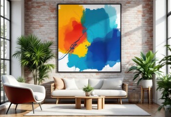 Colorful abstract painting displayed in a modern living room.