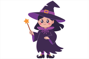 Adorable cartoon witch character holding a star wand isolated on white background