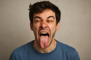 A man with a wide-open mouth and intense gaze