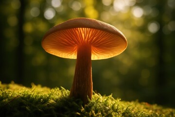 Fototapeta premium A lone mushroom stands as a sentinel in the forest's embrace, its cap glowing with an ethereal light that dances on the dew-kissed grass