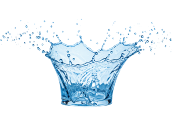 A dynamic splash of vivid blue water with perfectly formed, crystal-clear droplets frozen mid-air, showcasing intricate patterns against a transparent studio background with copy space. Concept of