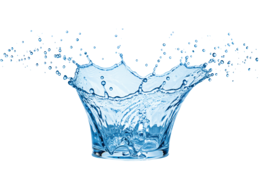 A dynamic splash of vivid blue water with perfectly formed, crystal-clear droplets frozen mid-air, showcasing intricate patterns against a transparent studio background with copy space. Concept of