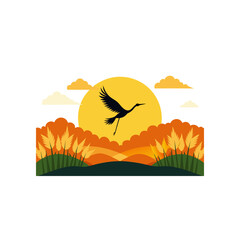 crane flying above golden rice fields at sunset