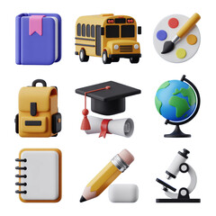A collection of colorful 3d rendered school supplies and educational icons on a black background