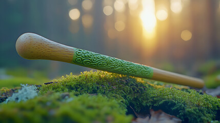Wooden club with green accents resting on moss, outdoors at sunset.