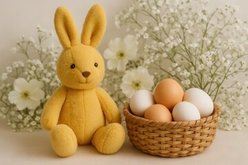A serene Easter scene featuring a plush yellow bunny with a basket of freshly hatched eggs surrounded by delicate white flowers