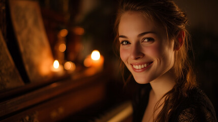 A woman is smiling and looking at the camera