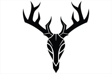 Stylized black deer skull with antlers silhouette isolated on white background