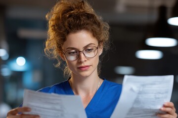 Beautiful nurse in blue scrubs wearing glasses reviews medical billing paperwork while conducting detailed healthcare code audit in hospital office with soft lighting and professional workspace.
