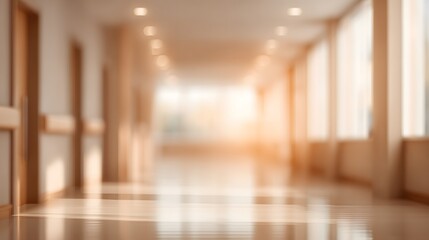 Obraz premium blurred image of a hospital's palliative care wing during a quiet winter afternoon, soft ambient light and warm tones