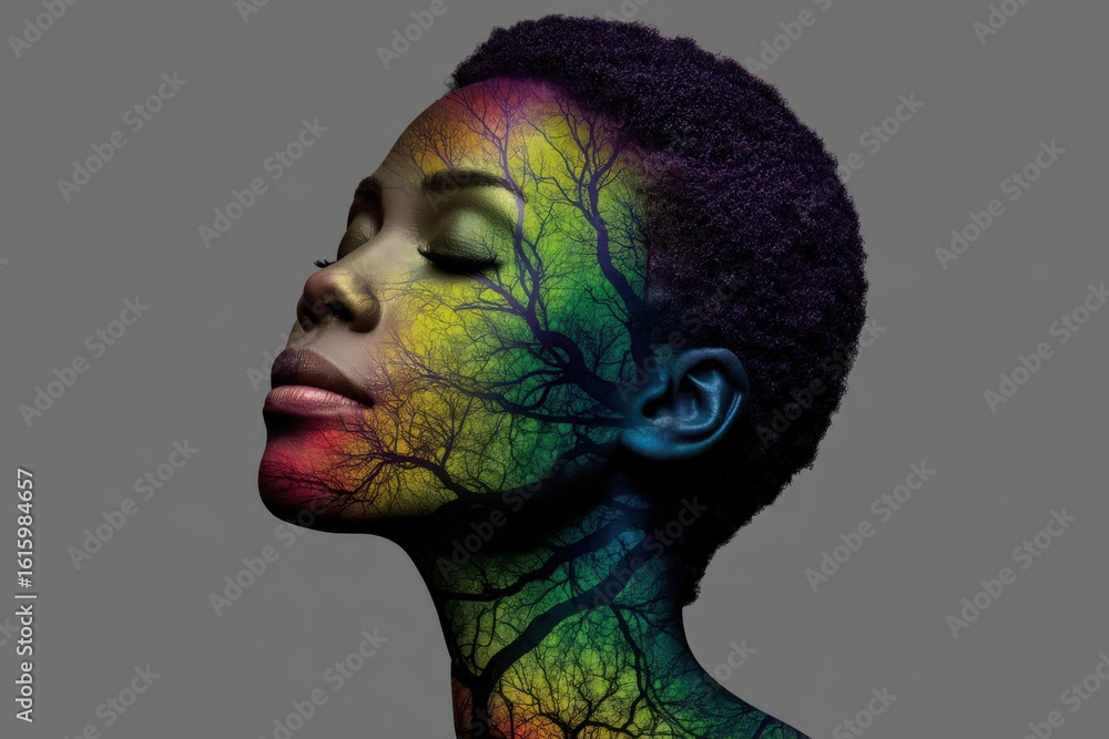 Poster portrait of a woman with intricate tree patterns reflecting duality between nature and identity show