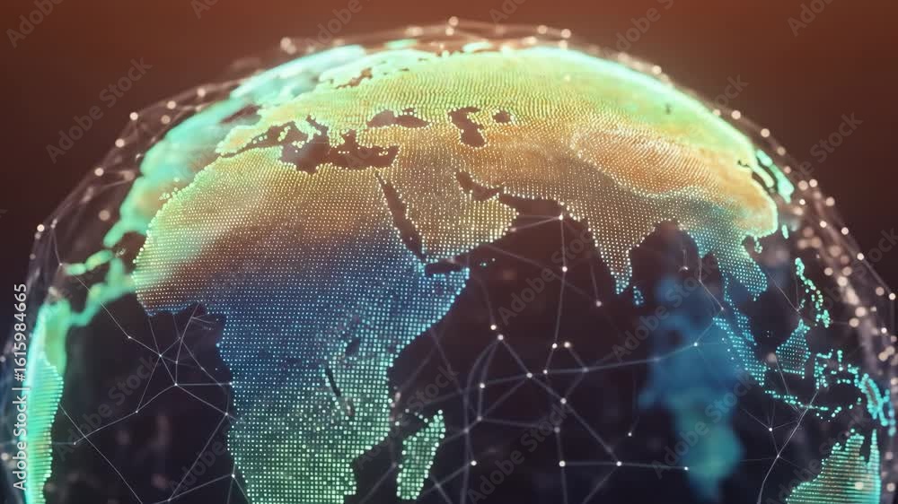 Poster global network connection - a stylized, digital representation of the earth, depicted as a glowing s