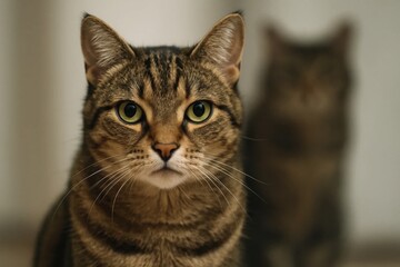 A tabby cat gazes intently into the camera lens, its striking green eyes reflecting a world unseen
