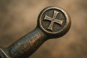 A Close-Up of a Weathered Cross on a Historical Sword