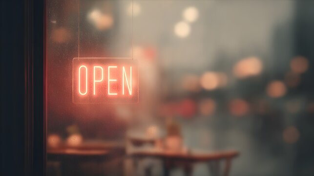 blurred image of a late-night café with no customers, neon OPEN sign glowing through misted glass and rain-streaked exterior