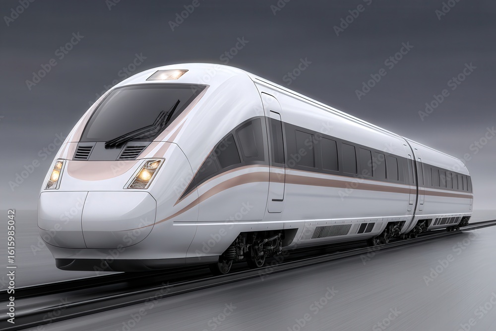 Poster sleek futuristic high-speed train navigating modern transportation tracks under dynamic skies showca