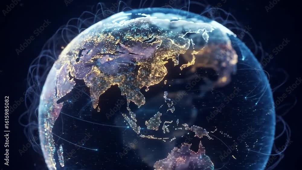 Aufkleber global network connections - a stylized rotating earth with glowing city lights and connecting lines