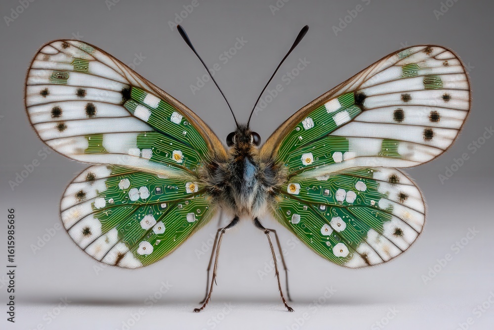 Poster the intricate design of a butterfly showcasing vibrant green circuitry pattern on its wings symboliz