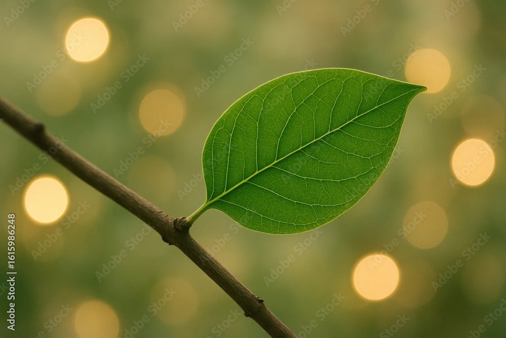Poster a lone leaf rests on a branch, illuminated by the warm glow of bokeh lights in the background