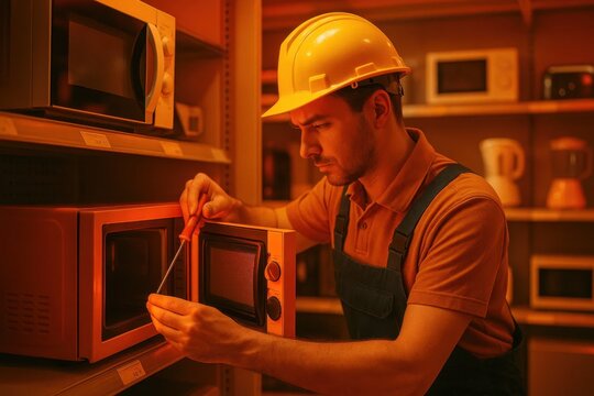 A diligent technician meticulously repairs a microwave oven in a bustling electronics store