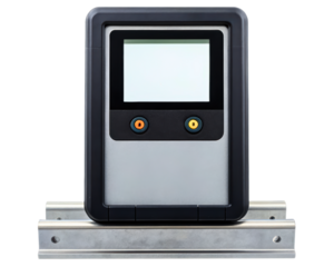 Modern digital control panel with display screen and two buttons on a transparent background