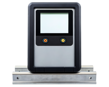 Modern digital control panel with display screen and two buttons on a transparent background