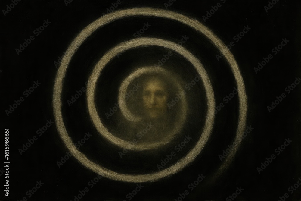 Poster an ethereal spiral of light envelops a serene face, symbolizing introspection and enlightenment