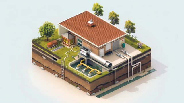 A simple dwelling with a traditional roof and a nearby water well, suitable for use in rural or agricultural settings