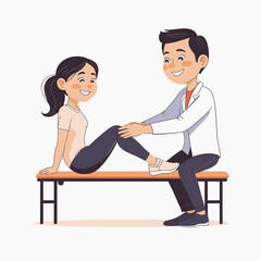 A doctor examines a patients knee while they sit on a wooden bench