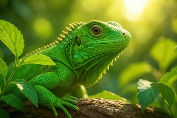 Obraz premium A vibrant green iguana gazes intently into the lens amidst a lush forest backdrop, embodying the serene beauty of nature
