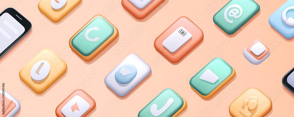 Poster vector communication symbols including messaging and calling icons on a solid peach background