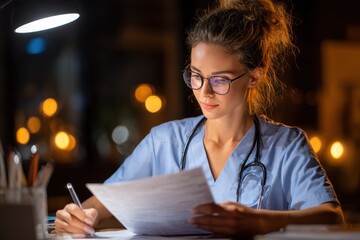 Young nurse auditing patient billing forms, checking medical codes, reviewing insurance reimbursement records, ensuring accurate financial documentation and compliance with healthcare coding standards