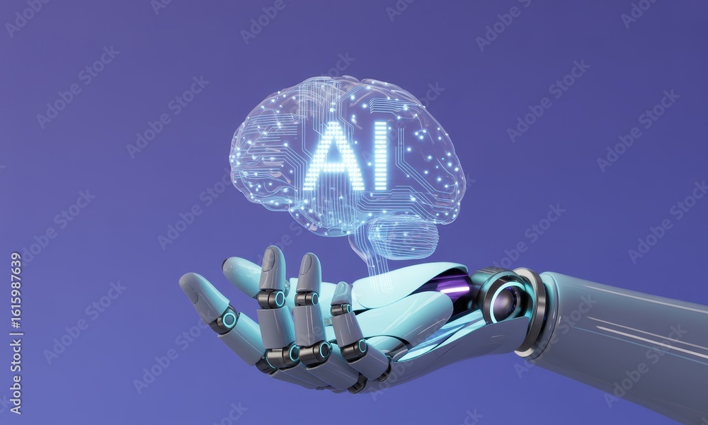 Poster robotic hand holds a holographic representation of an artificial intelligence brain.