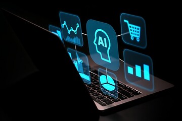 Futuristic digital interface displaying artificial intelligence and business analytics icons emerging from a laptop on a dark background representing technological advancement and data visualization