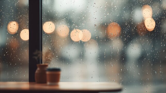 blurred image of a quiet caf&eacute; interior during a rainy afternoon, raindrops on window glass, soft lighting, and cozy atmosphere