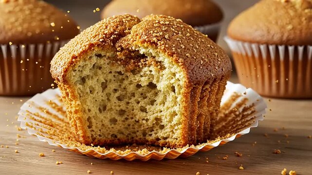 Freshly baked muffin with a golden crust, cut open to reveal its soft interior, surrounded by other muffins