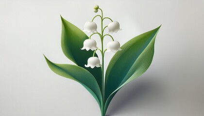 minimalist composition with a single stem of lily of the valley on a white backdrop