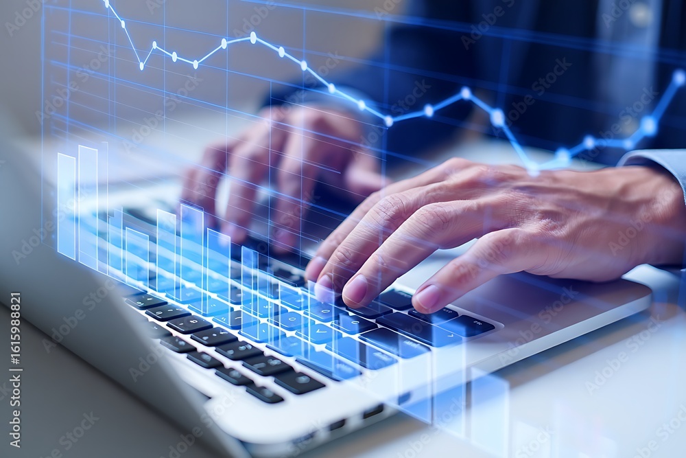 Poster close up of a businessman s hands typing on a laptop keyboard with a glowing blue digital financial 