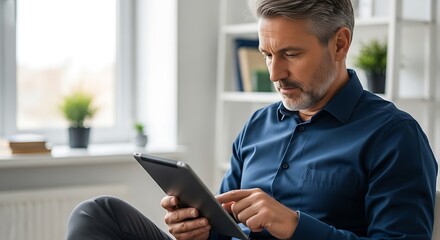 Serious middle-aged man with beard using a digital tablet while sitting at home, focused on work