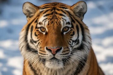 Fototapeta premium A majestic tiger gazes into the distance, its striking orange fur contrasting against a serene snowy backdrop