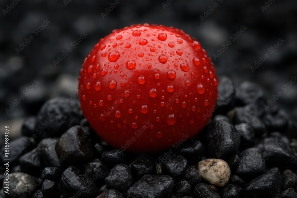 Poster a vibrant red ball with numerous water droplets resting on a bed of dark gray pebbles, creating an i