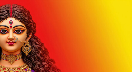 Hindu festival Durga puja goddess Durga mata face in red and yellow gradient background
