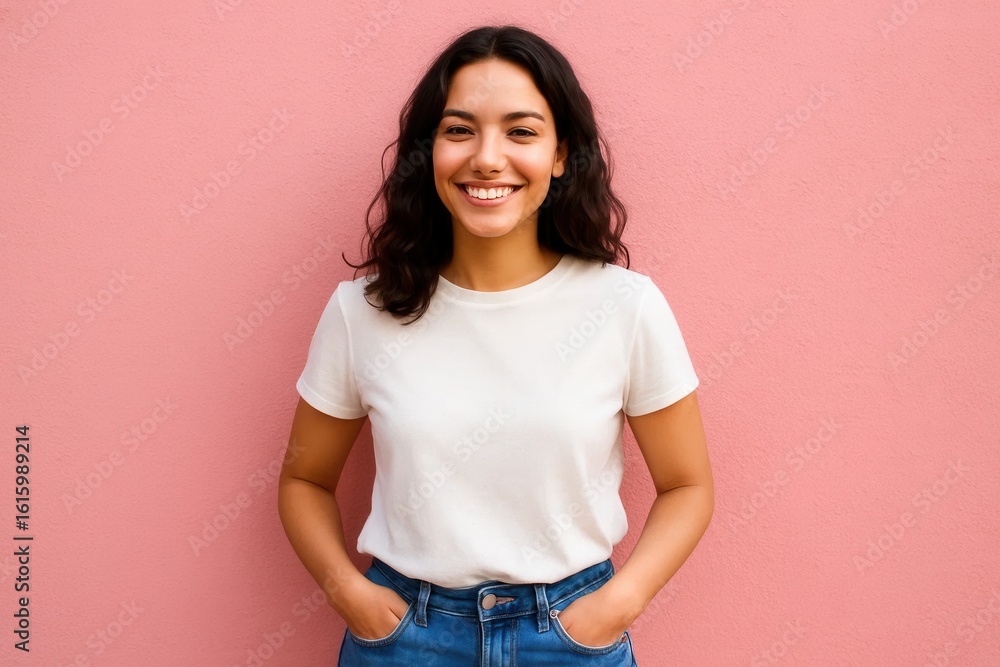 Poster embracing simplicity with a smile - a moment of joy captured in casual attire against a soft pink ba